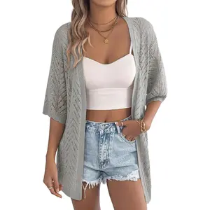 Women's Crochet Knit Cardigan Sweaters Short Sleeve Open Front Kimonos Boho Cardigans Tops Lightweight Vacation