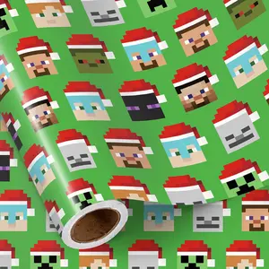 Pixel Art Christmas Wrapping Paper Roll, Mini Roll, Pixel Art Santa Hat Characters Design, Fun Green Holiday Gift Wrap for Gamers, Kids, Boys, Teens, Video Game Fans, 17 Inches x 16.4 Feet