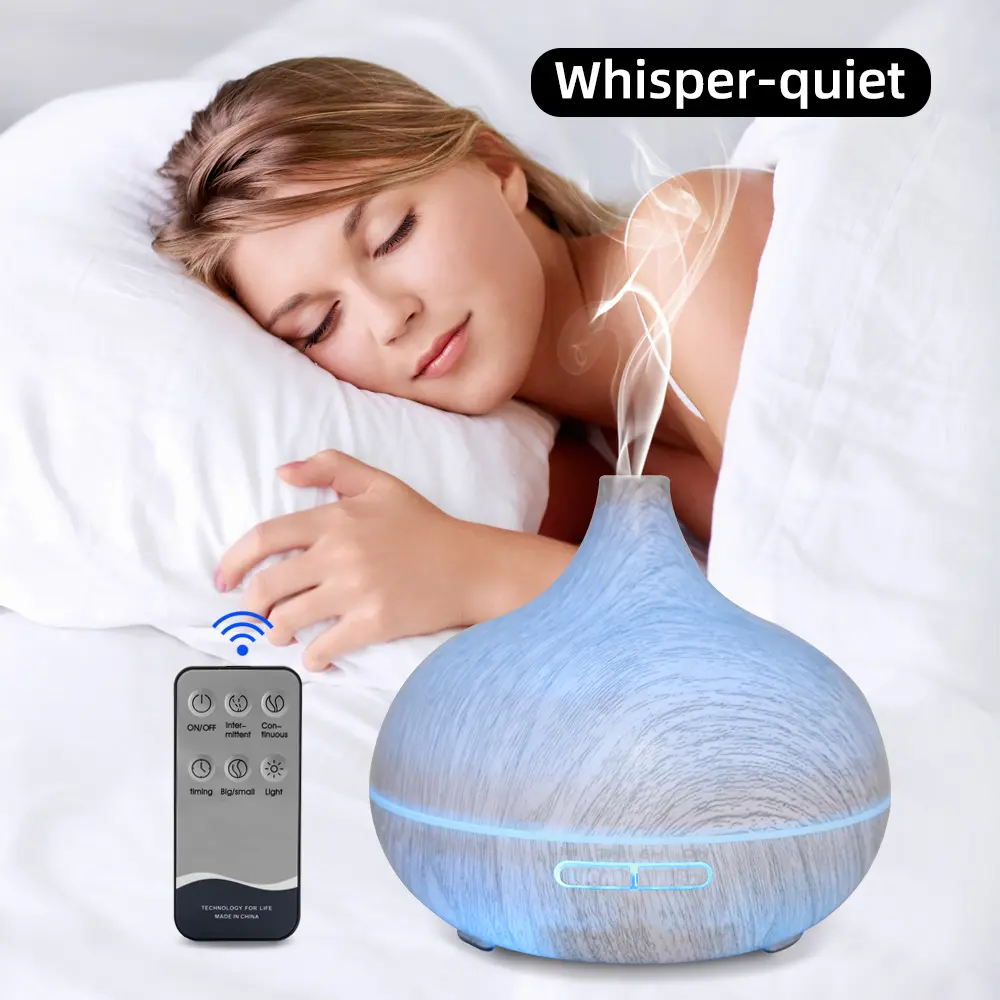 Wood Grain Vase Essential Oil Diffuser, Ultrasonic Quiet Aroma Humidifier with Remote Control, 7 Color LED Night Light, Comes with 6 Bottles Natural Plant Essential Oils for Bedroom Home Decor Gift