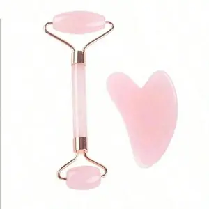 Pink Jade Facial Roller and Gua Sha Set, Beauty Massage Tool for Face Neck, Cooling Skin Care Routine Accessory, Smooth Rose Quartz Style Roller, Cute Self Care Gift for Women, Spa Day Essentials for Relaxing Morning Night Glow Routine Must Have Daily