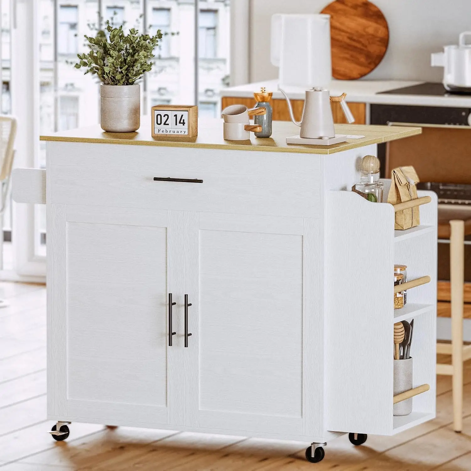 【Flash Sale】IRONCK Kitchen Island with Storage, Rolling Kitchen Island on Wheels with Drop Leaf, Charging Station, 3 Open Spice Rack, Cabinet, Drawer,