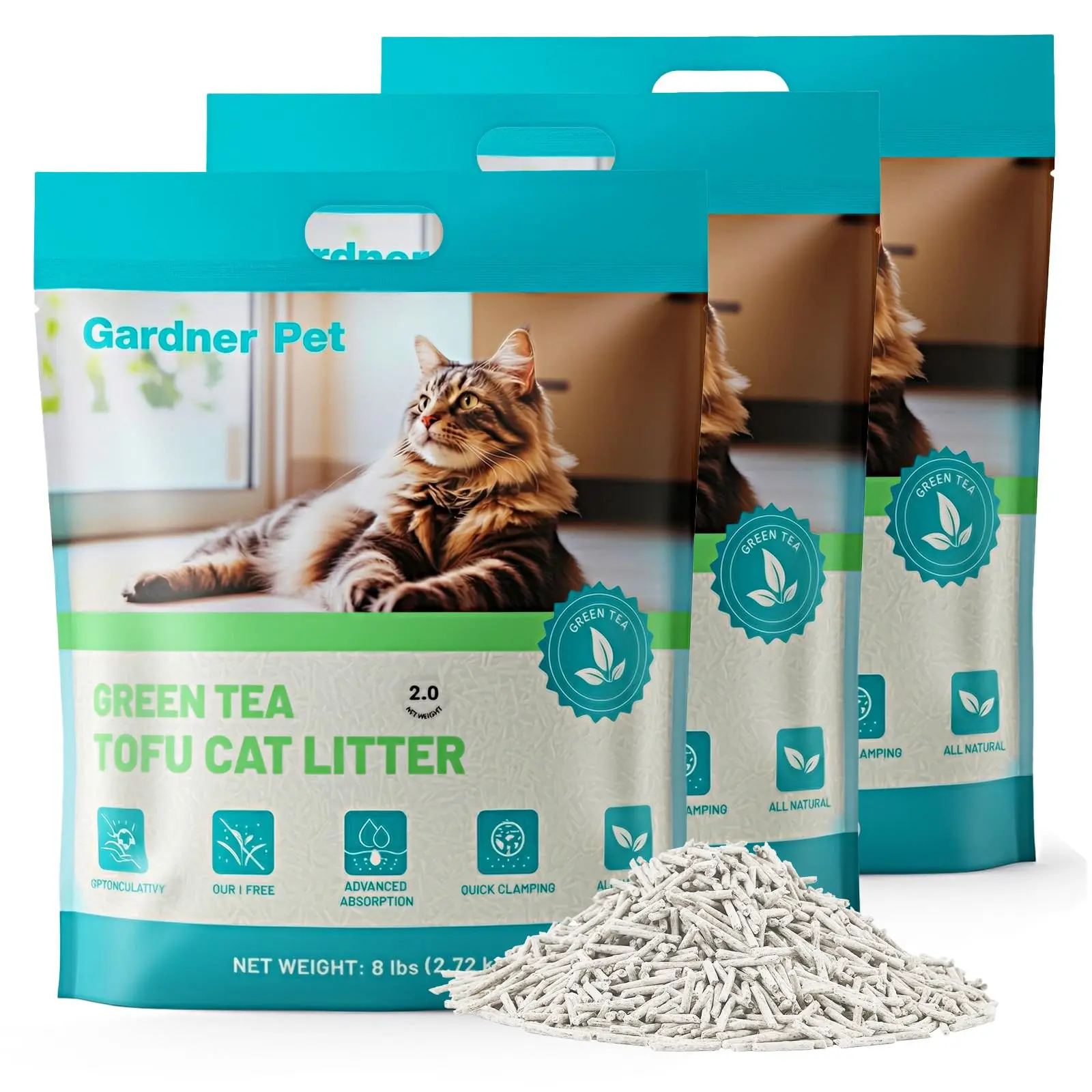 Gardner Pet Natural Tofu Cat Litter with Green Tea Extract – [2026 Upgraded] 18LBS Fast Absorbing & Strong Clumping, Low Dust, Odor Control Cat Litter for Easy Scooping, Multi-Cat Homes, 6 lbs x 3