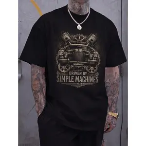 Vintage Mechanic Car Graphic Tee, Driven By Simple Machines Print, Classic Car Pistons Gears Illustration, Sepia Distressed Artwork On Black, Soft Printed Tee, Unisex Casual Streetwear Top, Aesthetic Summer Shirt, Perfect Gift For Car Lovers