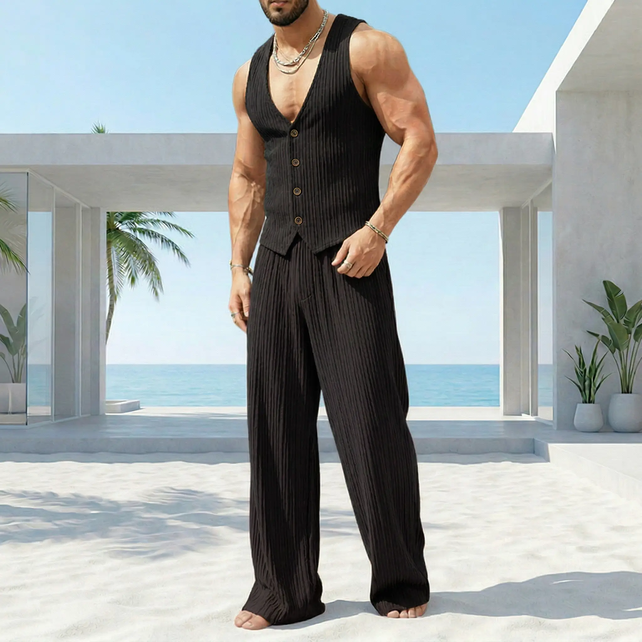 INCERUN Men's 2-Piece Set, Chic Old Money Style Crinkle Plisse Vest and Wide Leg Pants, Breezy Fashion Clothes for Yacht Parties, Formal Wear, Trouser, Aesthetic, Plain, Deep V Neck, Breezy Look, Menswear, Sleeveless, Fabric, Going Out Outfit, Outfits
