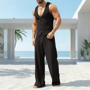 INCERUN Men's Old Money Crinkle Texture Set Vacation Resort Plisse Vest & Pants