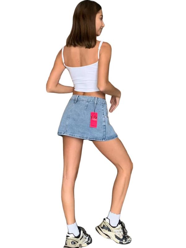 EMMIOL Vintage Blue Fit Denim Mini Jean Skirt for Women - Casual Style Regular Fit Above Knee Cotton Material Multi Belt Loops No Sheer Material Chic Womenswear Machine Washable - Bottom