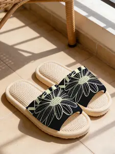 Women's Daisy Linen Slippers, Sole Light Print, Sweat-Wicking Breathable Non-Slip Silent, All-Season Home Footwear