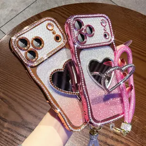Glitter Mirror iPhone Case with Camera Protection & Wrist Strap, Rhinestone Bling Makeup Mirror Cover with Stand for iPhone 17 Pro Max 16 15 14 13