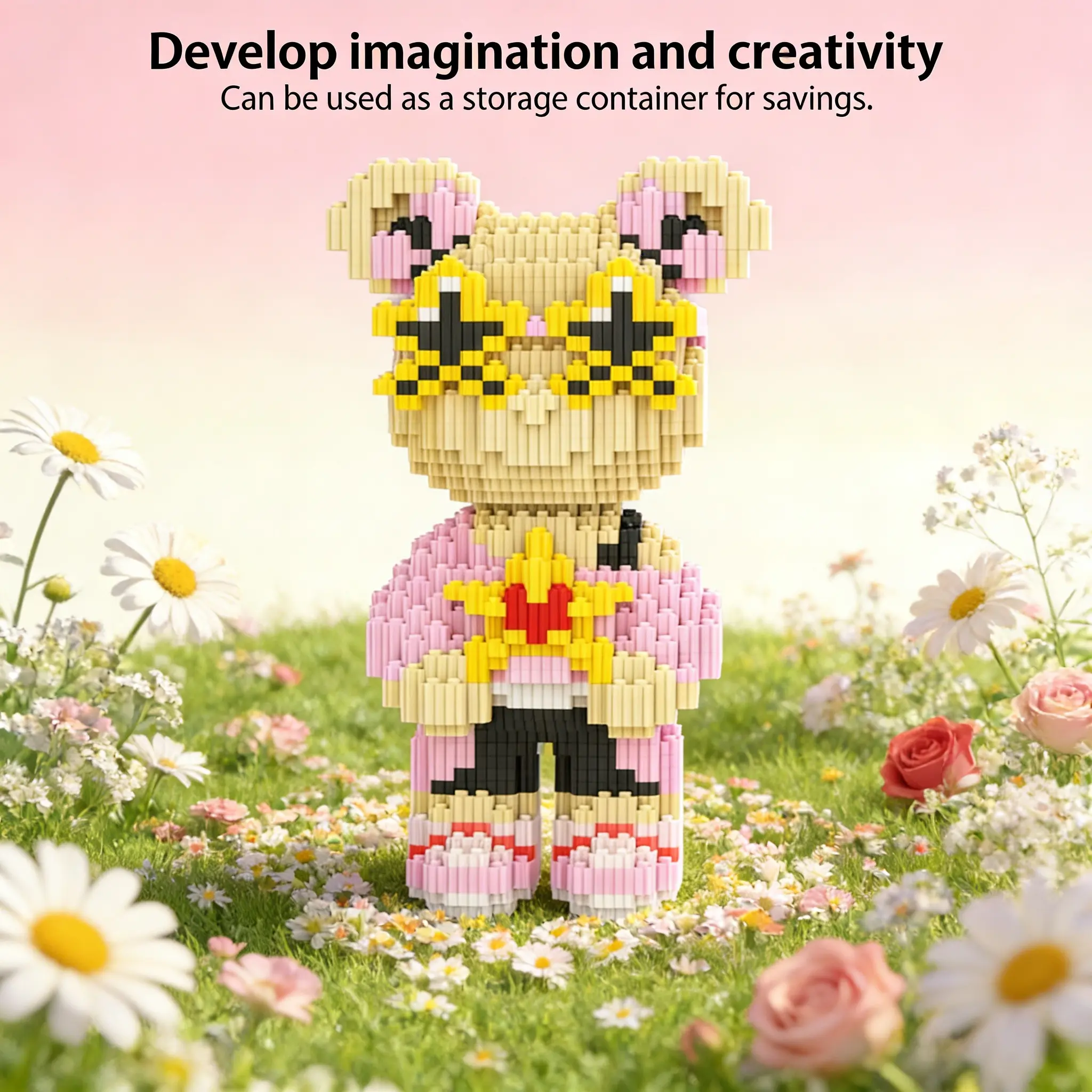 Sun Glasses Bear 3D Puzzle Creative Building Blocks Decoration, Bookshelf Home Office Cabinet Decor, Party Living Room TV Stand Display Gift, Building Block Model