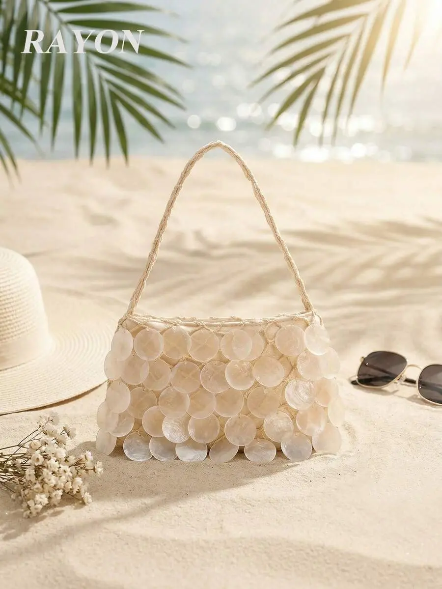 1pc Boho Seashell Slice Beaded Tassel Handbag, Women's Handmade Mermaid Sequin Fishnet Woven Tote Bag, Suitable For Summer Beach Travel Vacation And Pool Party (Natural Cracks, Impurities And Defects In Mica Seashell Slices Are Normal), Vacationcore