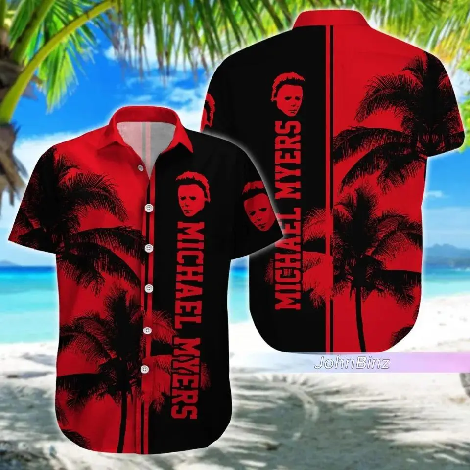 Michael Myers Horror Hawaiian Shirt, Horror Ahola Shirt Men and Women Black Red Palm Tree Silhouette Halloween Beach Casual Summer Aloha Matching Outfit Loose Fit Fan Gift Streetwear Festival