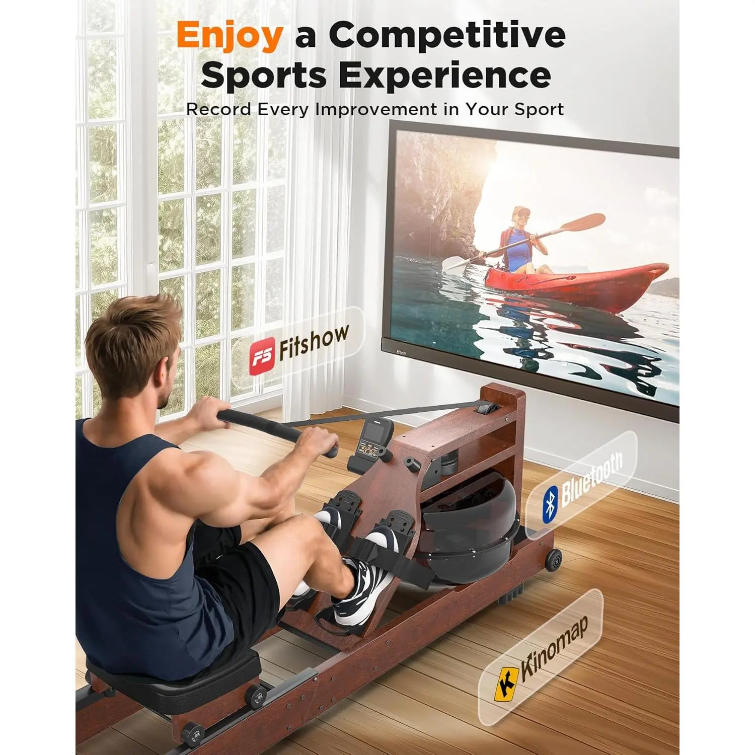Water Rowing Machines for Home Use- Foldable Rower Machine 400LBS Weight Capacity with Dedicated Monitor & Bluetooth APP, Comfortable Seat