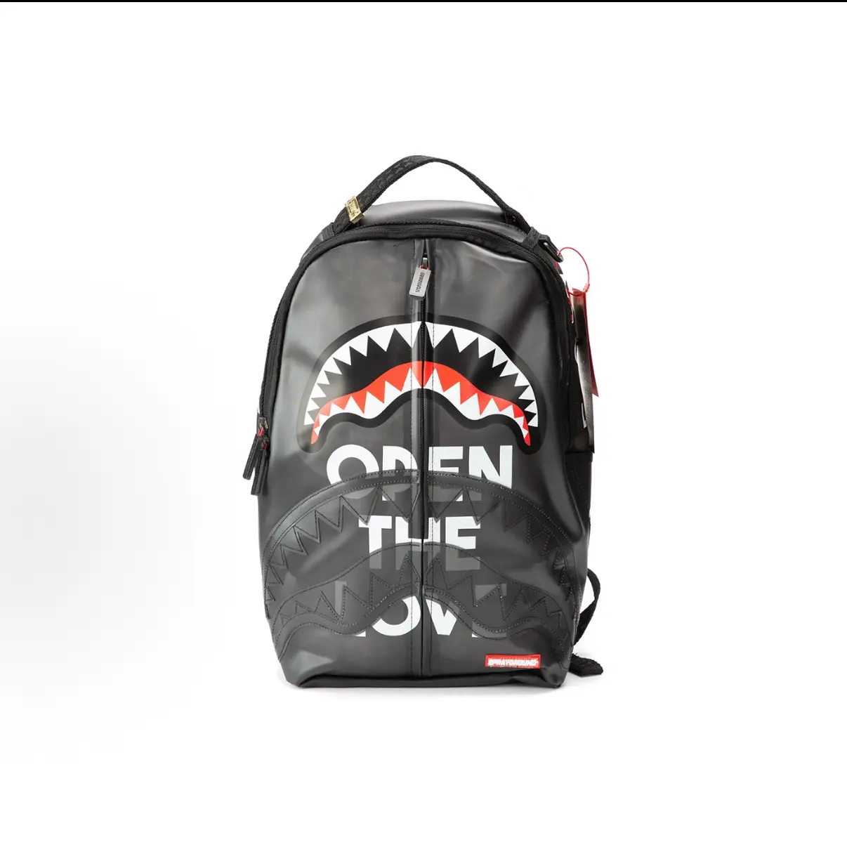 Sprayground Black Transparent Shark Mouth Backpack for Men Women, Smoked Clear See-Through School Bookbag with Laptop Compartment, Waterproof PU Leather Streetwear Daypack, Open The Love Limited Edition Bag for Back to School College Travel Gym
