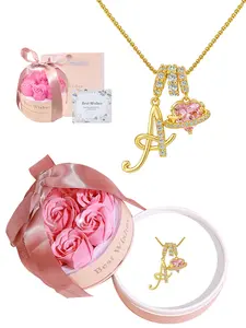 18k Gold Plated Heart CZ Letter Necklace With Roses Basket Jewelry Gift Box, Initials Choker Pendant Necklace for Women, Heart Shaped Necklace, Birthday Christmas Jewelry Gift for Wife Girlfriend Daughter