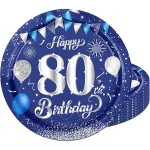 20Pcs 9 Inch Happy 80th Birthday Paper Plates Navy Blue & Silver Theme Party Tableware Dessert Plate Kit for Men 80th Birthday Decorations Supplies