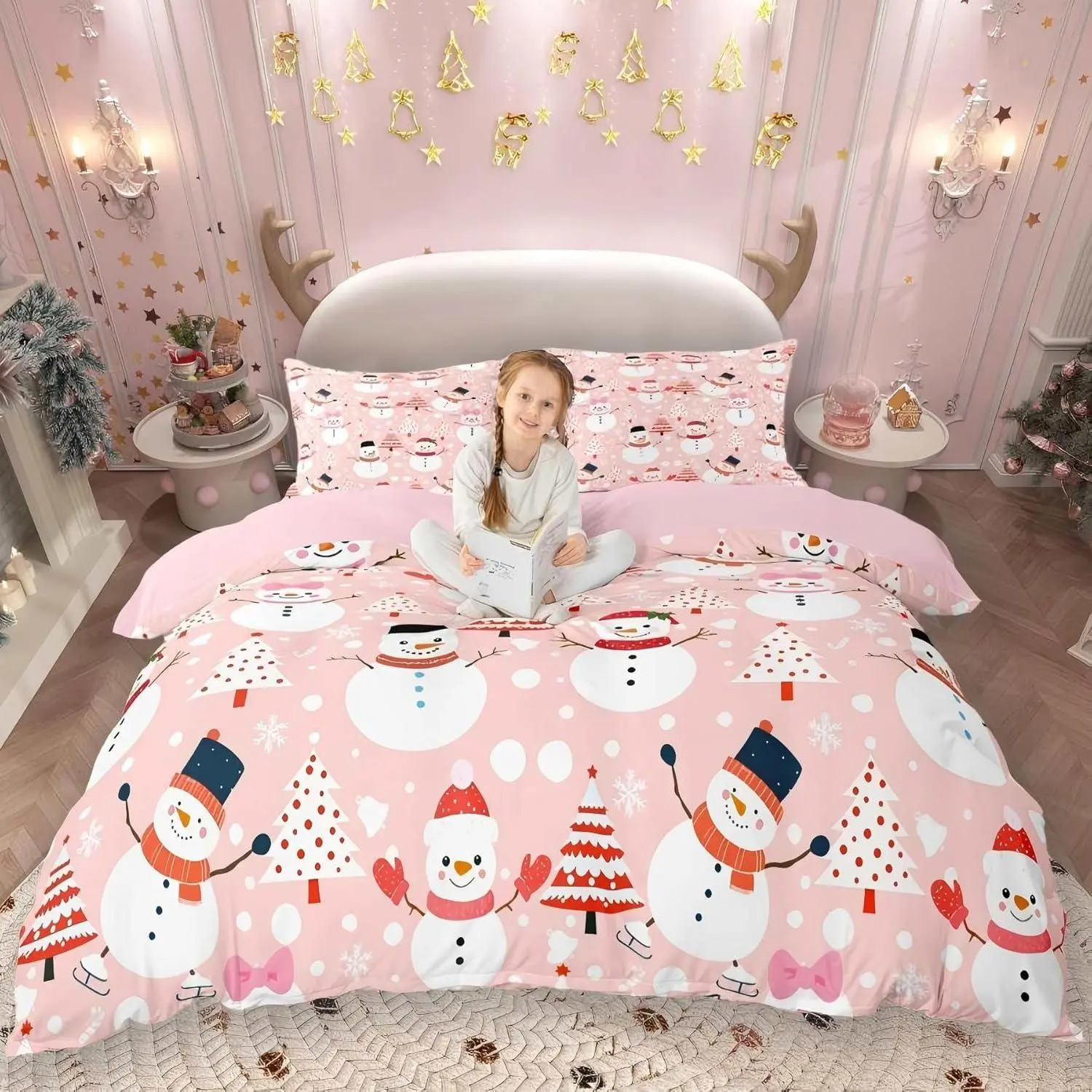 Cartoon Snowman Bedding Set,Pink Christmas Tree Decorations,Christmas Trees Comforter Cover Snowflake Duvet Cover,Kawaii for Women Christmas Decor Pink Kawaii Room Decor