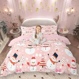 Cartoon Snowman Bedding Set,Pink Christmas Tree Decorations,Christmas Trees Comforter Cover Snowflake Duvet Cover,Kawaii for Women Christmas Decor Pink Kawaii Room Decor