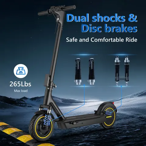 【AOVOPRO】 High-Speed Electric Scooter 10-inch tubeless tires 500W motor with front and rear dual shock absorption, range of 22-30 miles, top speed of 22 mph, dual braking system, LED lights, app control, aluminum alloy frame, Springtok。【ESMAX】
