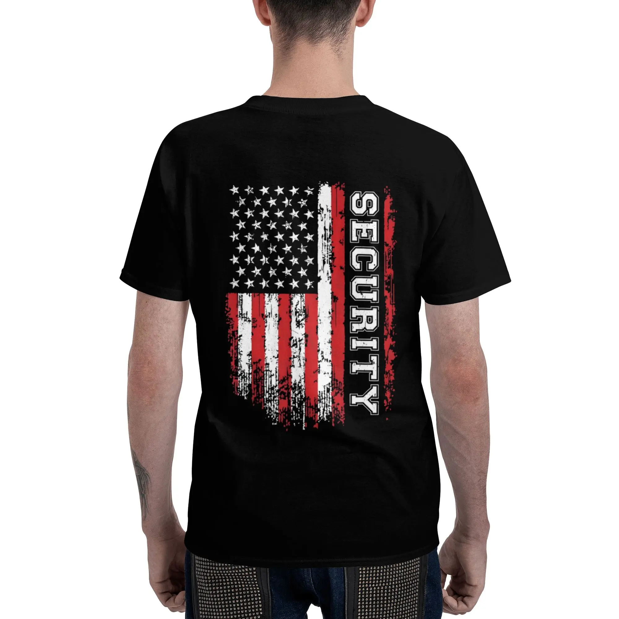 Men's & Women's Security American Flag T-Shirt - Distressed Vintage Style with Bold SECURITY Print & Security Guard Badge Design - Black/Red/White Patriotic Graphic Tee for
