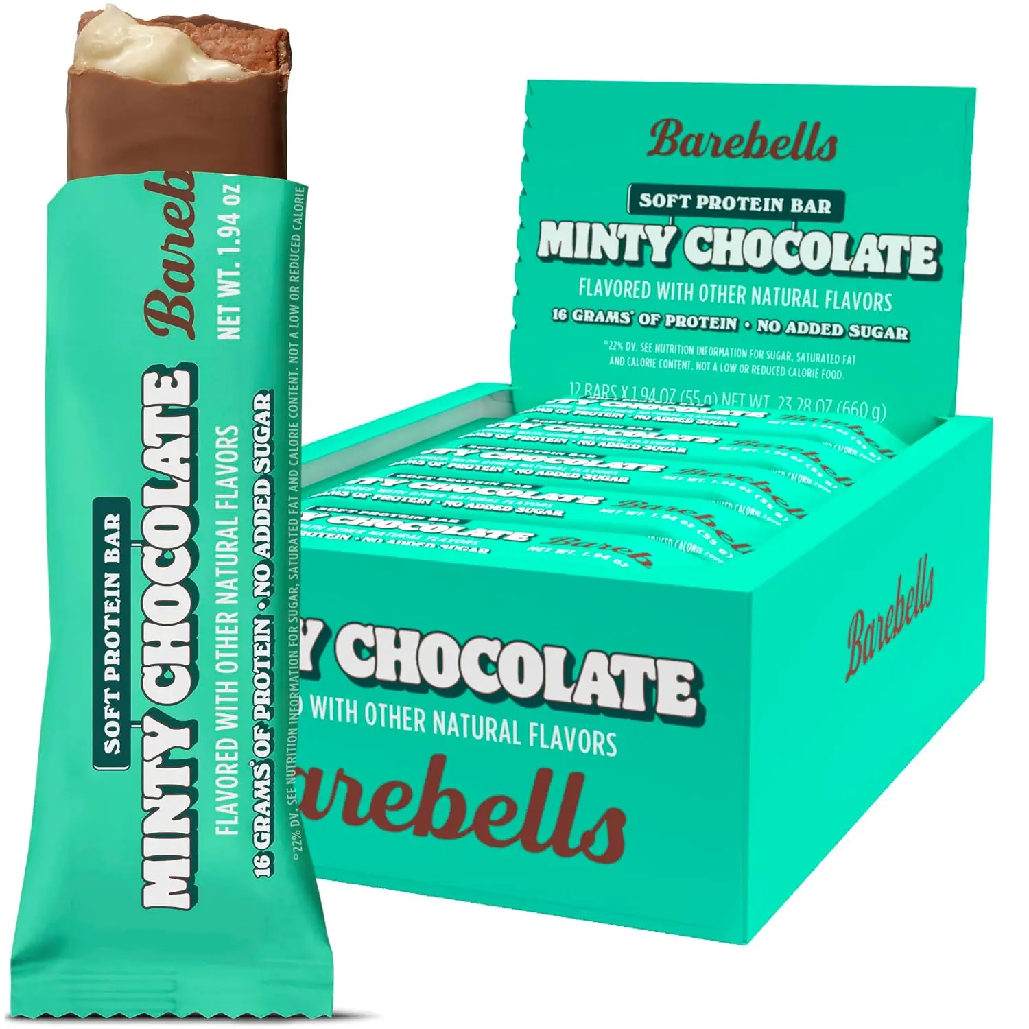 Barebells Soft Protein Bars - Minty Chocolate Flavor, 1-Pack (12 Count), 16g High Protein, 1g Total Sugars - On-The-Go Breakfast, Post-Workout Snack