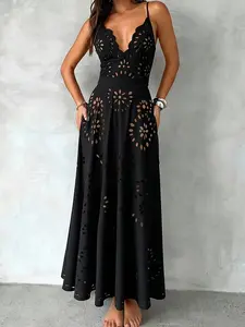 Women's Solid Color Hollow Out Scallop Trim One-piece Swimsuit, High Stretch Sexy Casual Adjustable Spaghetti Strap Backless Sleeveless Swimwear for Beach Holiday Vacation, Ladies Swimsuit for All Seasons, Swimsuit Style