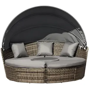 4-Piece Round Convertible Daybed with Cushions 70.9 Inch Wide Patio Daybed Set 2 Chairs Plus Table For Courtyard Or Sunroom Open Canopy For Shade Close For Sun