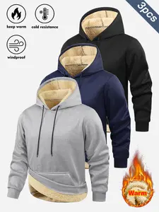 3 Piece Men's Winter Sherpa Lined Hoodie Warm Thick Casual Pullover Sweatshirt with Kangaroo Pocket for Everyday Use