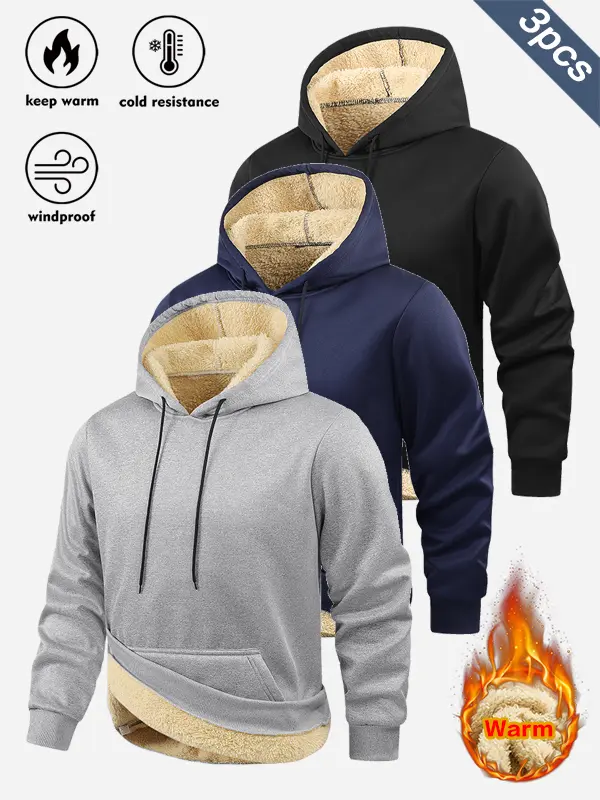 Men's 3-Piece Minimalist Plain Hoodies & Sweatshirts - Menswear Long Sleeve Pullover, Sherpa Lining, Thick Material, Kangaroo Pocket, Warm Casual Top for Everyday Use,sohochic