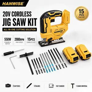 Hanwise 20V Cordless Jigsaw Kit With 2 Batteries, 12 Blades & Carrying Case, 0°-45° Bevel Cut, 3 Adjustable Modes, LED Work Light & Fast Charger For Wood, Metal, Plastic DIY Home