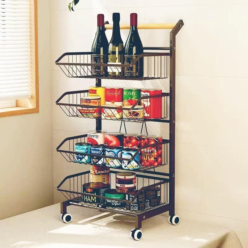 4-Tier Storage Cart with Wheels Rustproof Snack Cart Adjustable Vegetable Fruit Rack Rolling Pantry Utility Kitchen Cart with Solid Wood Handle Detachable Fruit Baskets 360°Movable Organiser