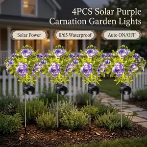 4 Pack Solar Purple Carnation Flower Garden Lights, IP65 Waterproof Outdoor Decor