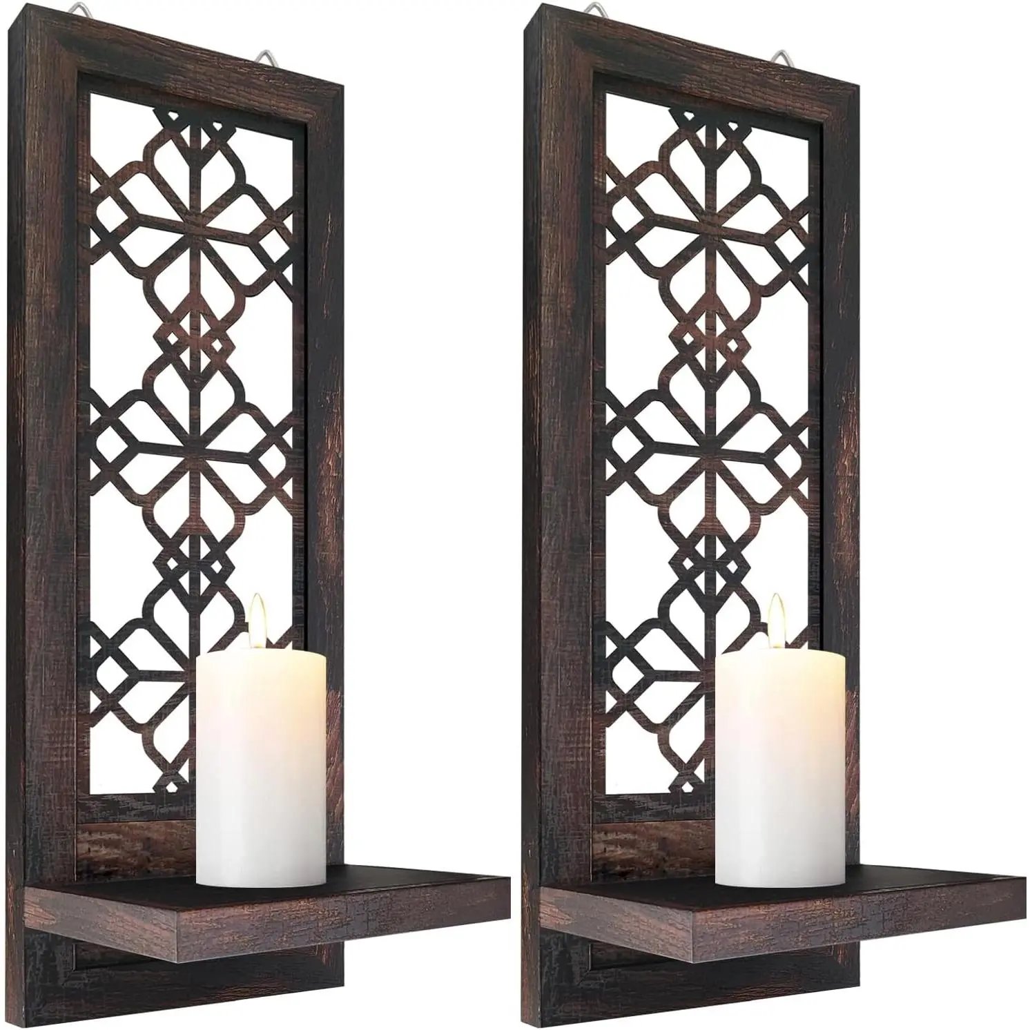 ZOLAPI 2-Piece Black Wood Candle Sconce Set, Farmhouse Accent Wall Decor, Caramel Color Candle Holder for Living Room, Dining Room (15x6 in)