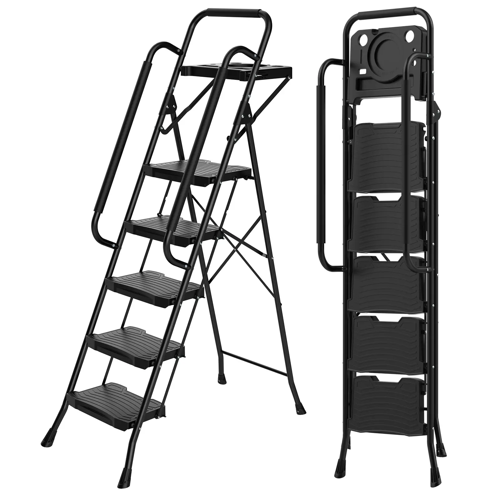 Sweetcrispy 63 Inch Iron Stepstool, 5 Folding Stepstool with Non-Slip Pedals and Comfort Handrails, Sturdy Steel Ladder with Tool Platform, Heavy Duty Stepstool for Kitchen, Garage and Outdoor Use, Black