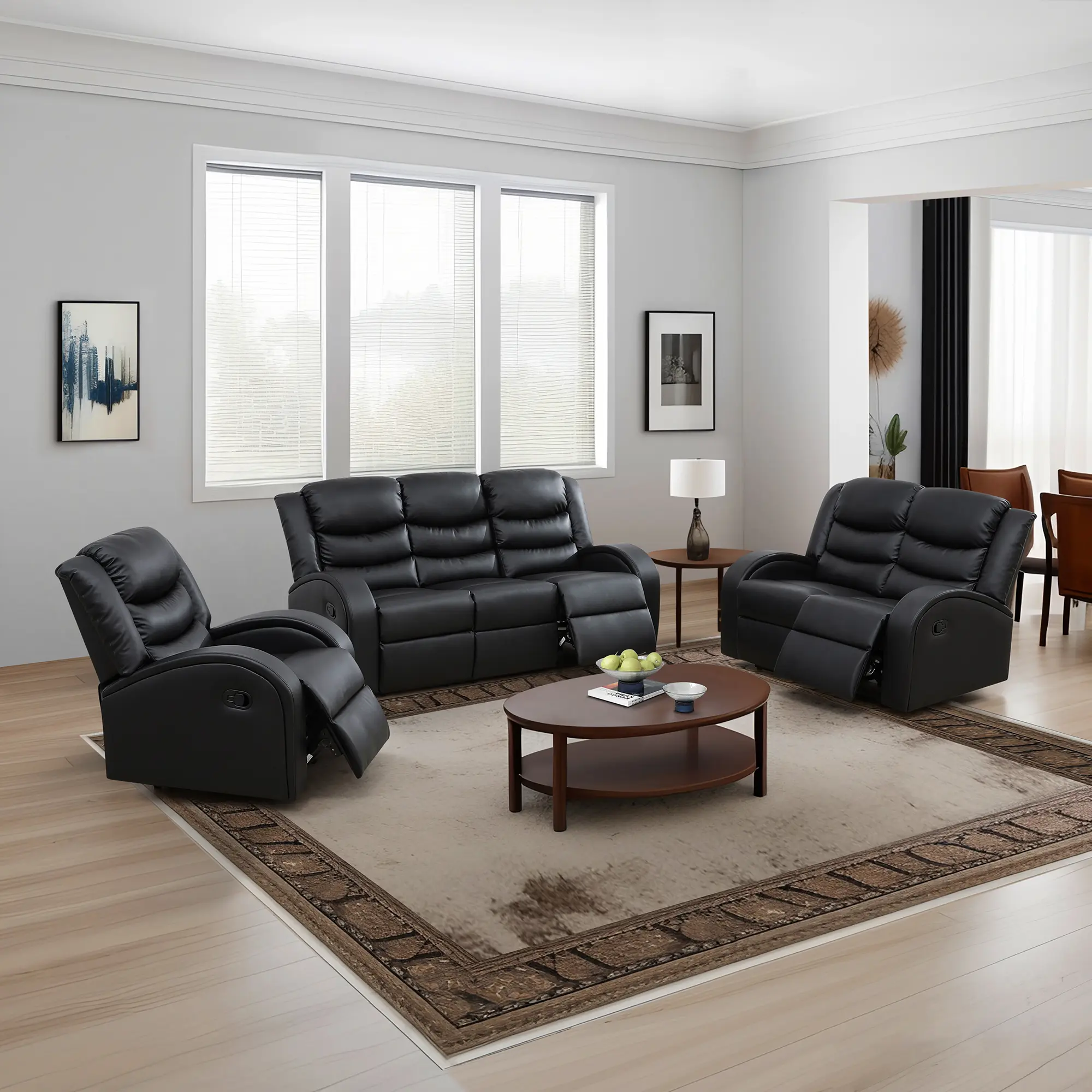 Faux Leather Manual Recliner Sofa Set 3 Seater Reclining Couch Living Room Furniture Loveseat Chair for Small Home Decor Comfortable Versatile Seating Arrangement