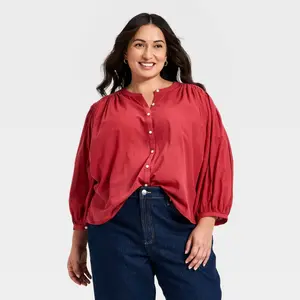 Women's Puff Long Sleeve Banded Collar Neck Blouse - Universal Thread Red 3X