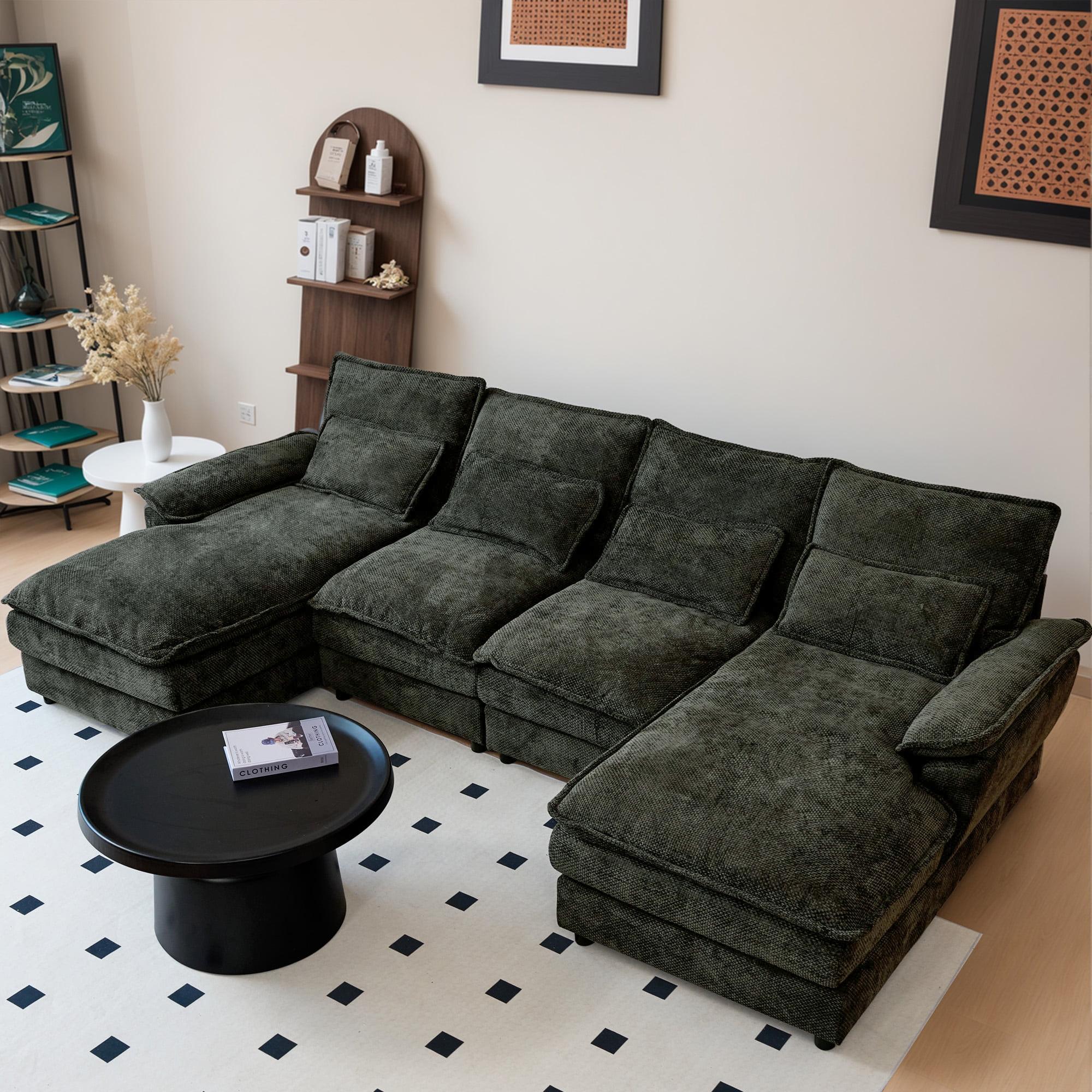 110" Modular Sectional Sofa Cloud Couch with Double Chaise Lounge, U Shaped Chenille Upholstered Leisure Sofa&Couches with Memory Foam and Waist Pillows for Living Room Office