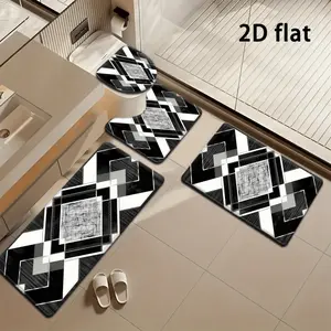 3/4pcs Black and White Geometric Checkered Bathroom Mat Set, Modern Minimalist Style, Includes Toilet Lid Cover and Rug, Bathroom Decor, U-Shaped Foot Mat, 2D Flat
