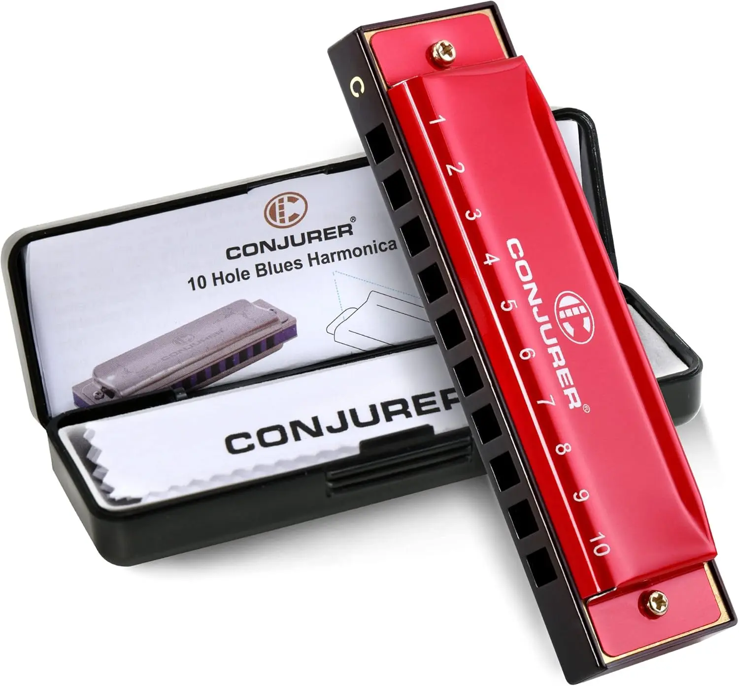 CONJURER 10 Hole C Key Diatonic Blues Harmonica, Brass Reed Metal Mouth Organ Red