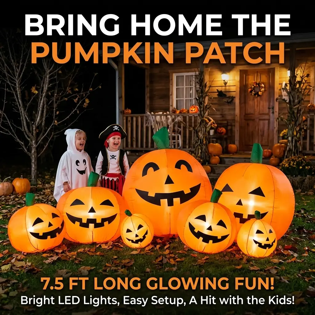 7.5FT LED Halloween Inflatable Pumpkins – Blow Up Pumpkin Patch with 7 Jack-o'-Lanterns & Bright Lights, Outdoor Yard Decor for Garden Lawn Party, Includes Blower Fan & Anchors