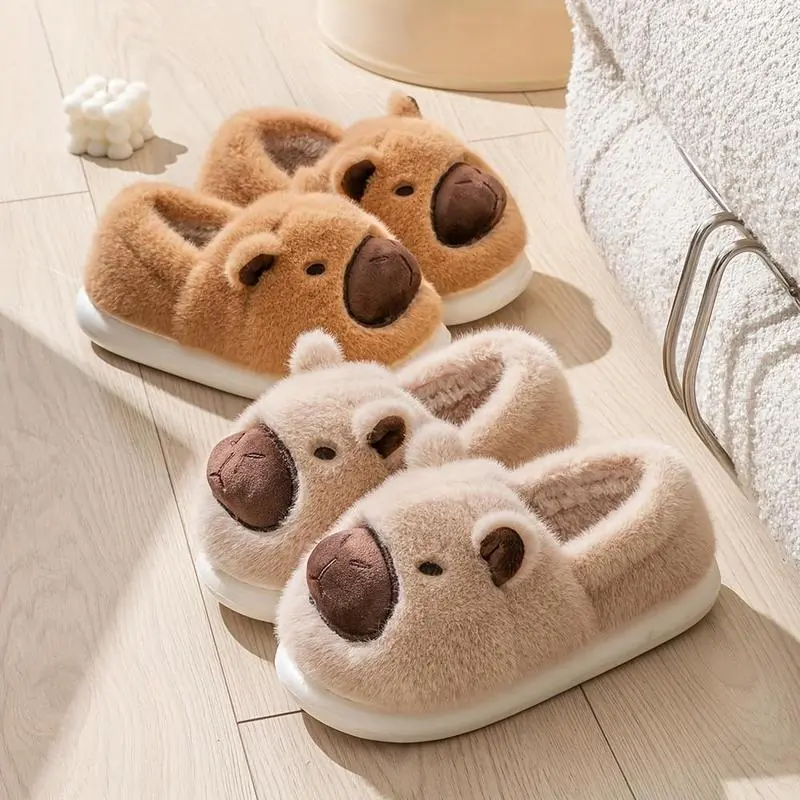 Cute Cartoon Capybara Cotton Slippers for Women - Soft Footwear, Thick Sole, Warm Fuzzy Plush, Toe Cap, Casual Cartoon Animal Face Home Slippers, Cozy Indoor Winter Slides