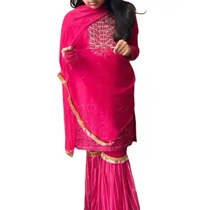Pakistani Indian Girls Shalwar Kameez Suit in Pink with Gold Trim and Embroidery