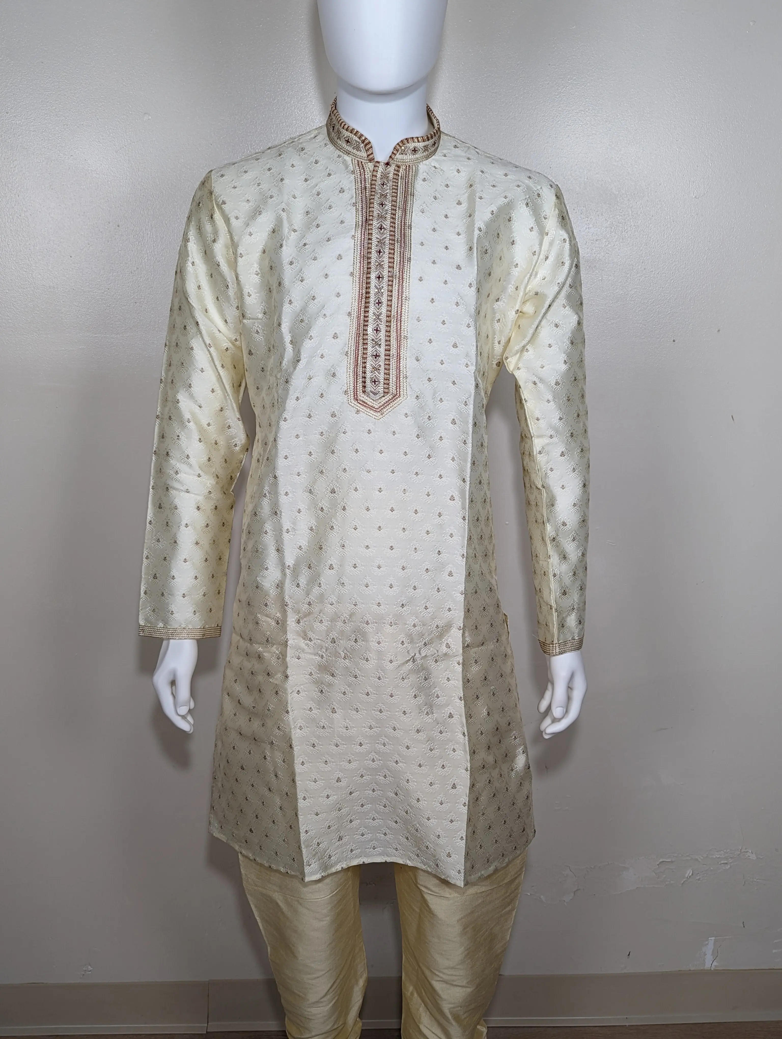 Men's kurta with red and cream contrast - Cream