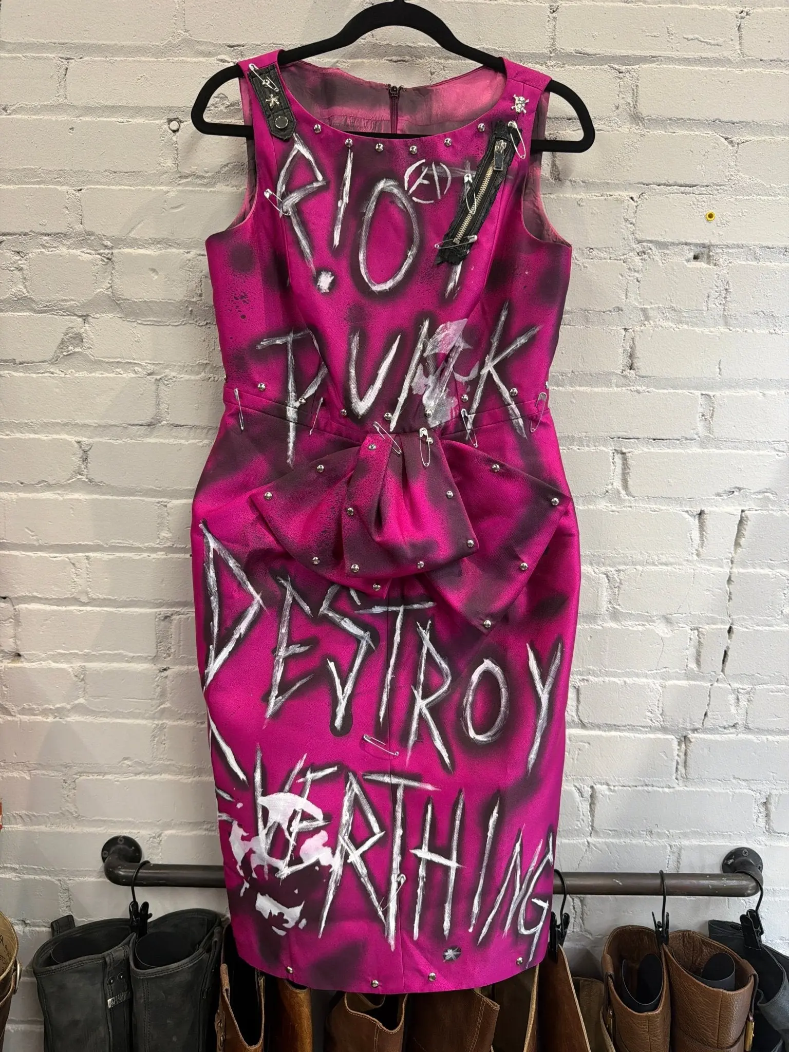 Riot Punk Destroy Pink Hand-painted Pinned Dress