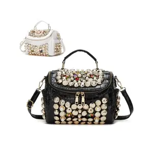 Elegant Rhinestone Evening Clutch Bag, PU Leather with Polyester Lining, Zipper Closure, Removable Strap, Hand Wash/Dry Clean, Solid Color with Edge Paint, Guangzhou Crafted - Women's Fashion for Special Occasions, Fashion Purses