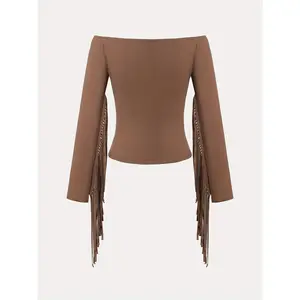 Vintage Western Tassel Off-Shoulder Women's Shirt HC 891488 High Elastic Polyester Fiber Long Sleeve Rustic Brown Country Style Machine Washable Knitting