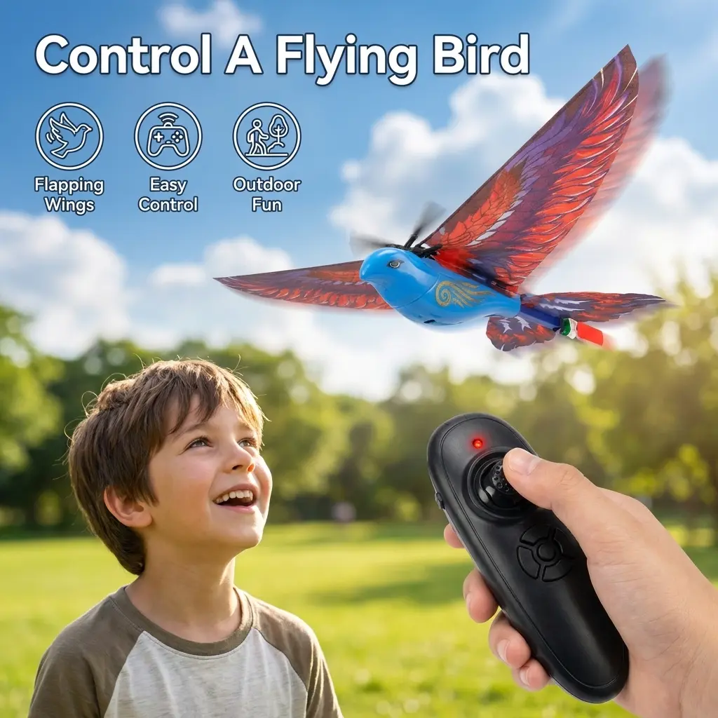 EFFUN Bionic RC Flying Bird Pro Edition, 2.4GHz Control, 6-Axis Gyroscope, Battery-Powered, Flapping Wings Precision Action, High-Density Anti-Collision Material, Fast-Charging USB Charger, Outdoor Unisex RC Birds Toy for 8-10 Years & 8+ (Blue & Red), Rem