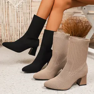 Women's Boots Clearance Sale, Ladies' Knitted Boots with Easy On/Off, Round Toe Design, Square Heel, All-Season Fabric Upper, Non-Slip Rubber Sole, Formal & Casual Dual Use, Local Warehouse