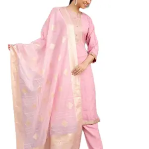 Women's Three-Piece Rayon Embroidery Party Wear Kurta Suit Set with Banarasi Dupatta in Pink Color Womenswear Clothes