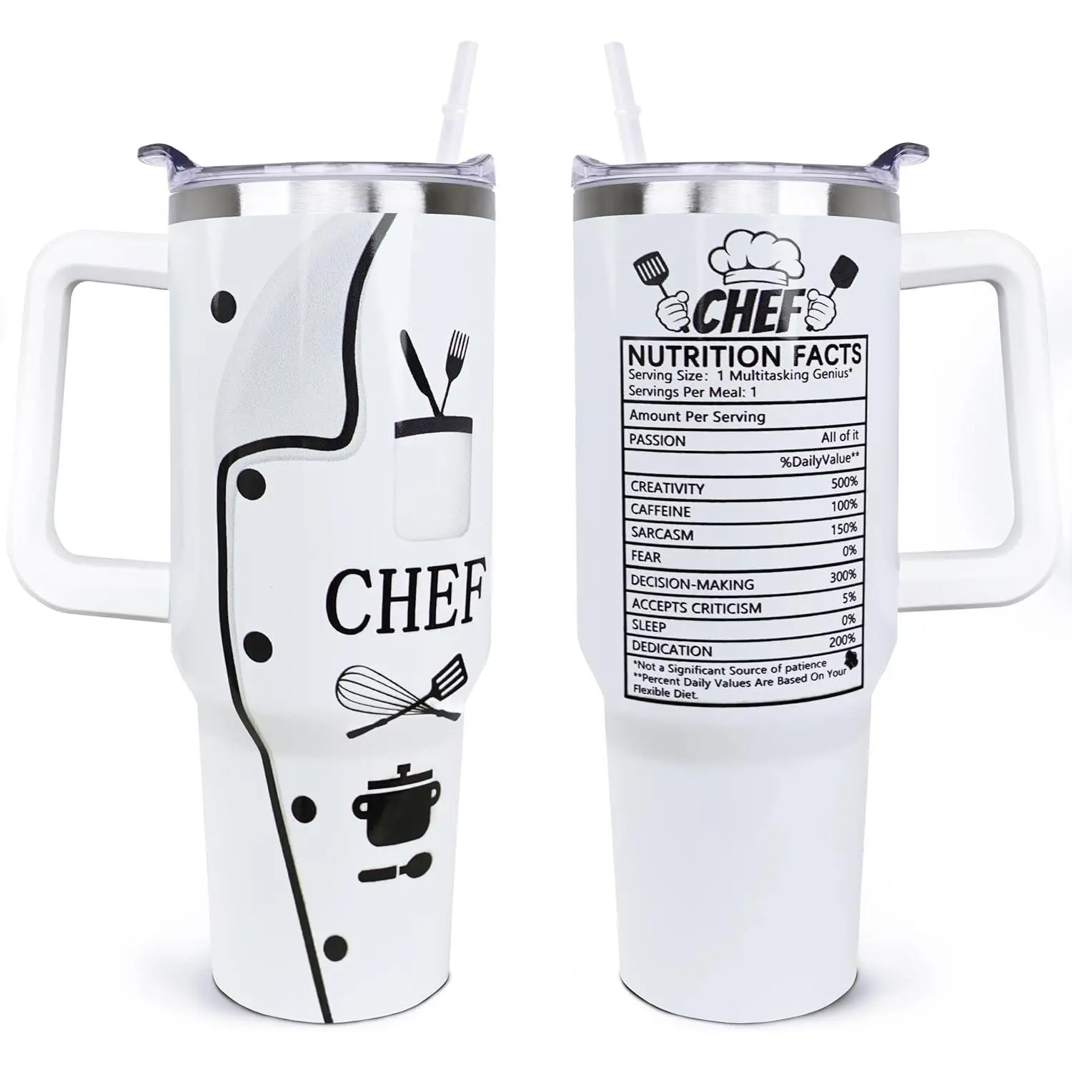 40 oz Insulated Stainless Steel Chef Tumbler with Lid - Leak-Proof, Portable, Reusable Drink Mug with Handle & Straw, Coffee Flask, Father's Day Kitchenware Gift for Cooking Lovers (Ideal for Mom, Son, Uncle, Wife), Fathers Day, Novelty