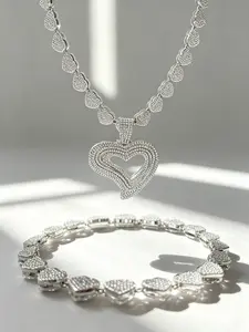 2-Piece Hip-Hop Jewelry Set, Hypoallergenic, Zirconia, 3D Heart Design, Necklace & Bracelet, Party Style, All Seasons